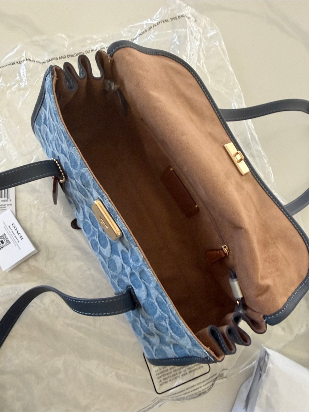 Coach Blue Denim Signature Canvas Shoulder Bag with Leather Trim - Picture 6 of 7